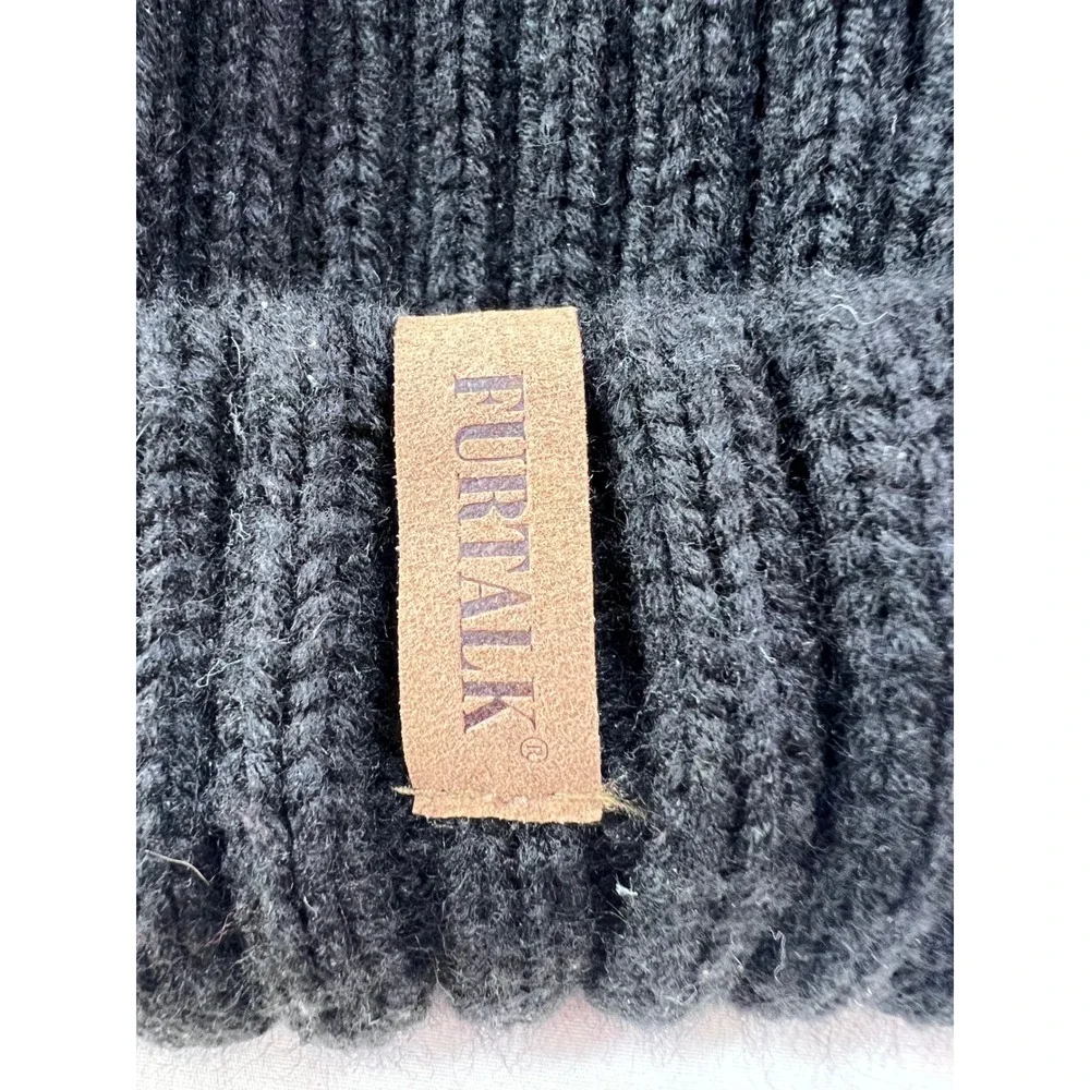 FURTALK Women Black Ribbed Knit Beanie Faux Fur Pom Pom Winter Hat
